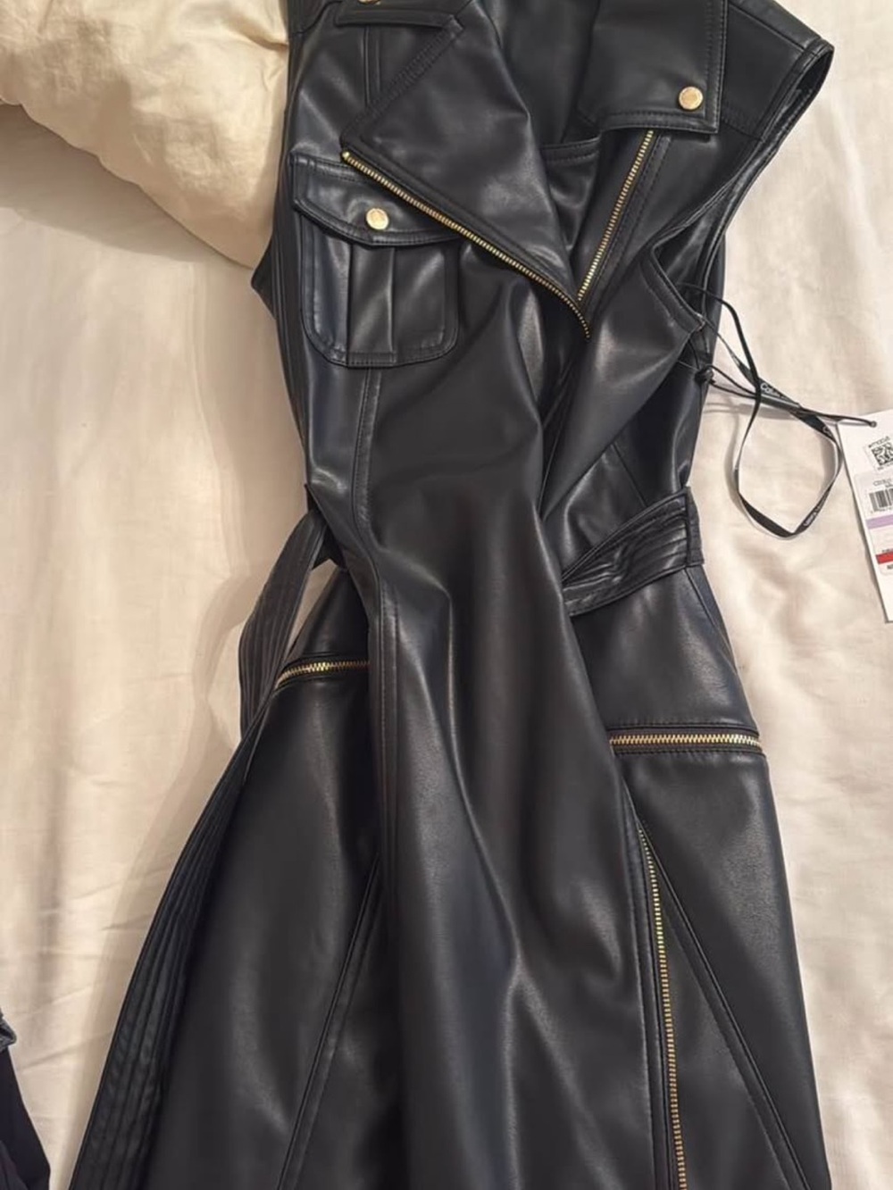 Calvin Klein Black Faux Leather Midi Dress with Gold Zipper Accents
